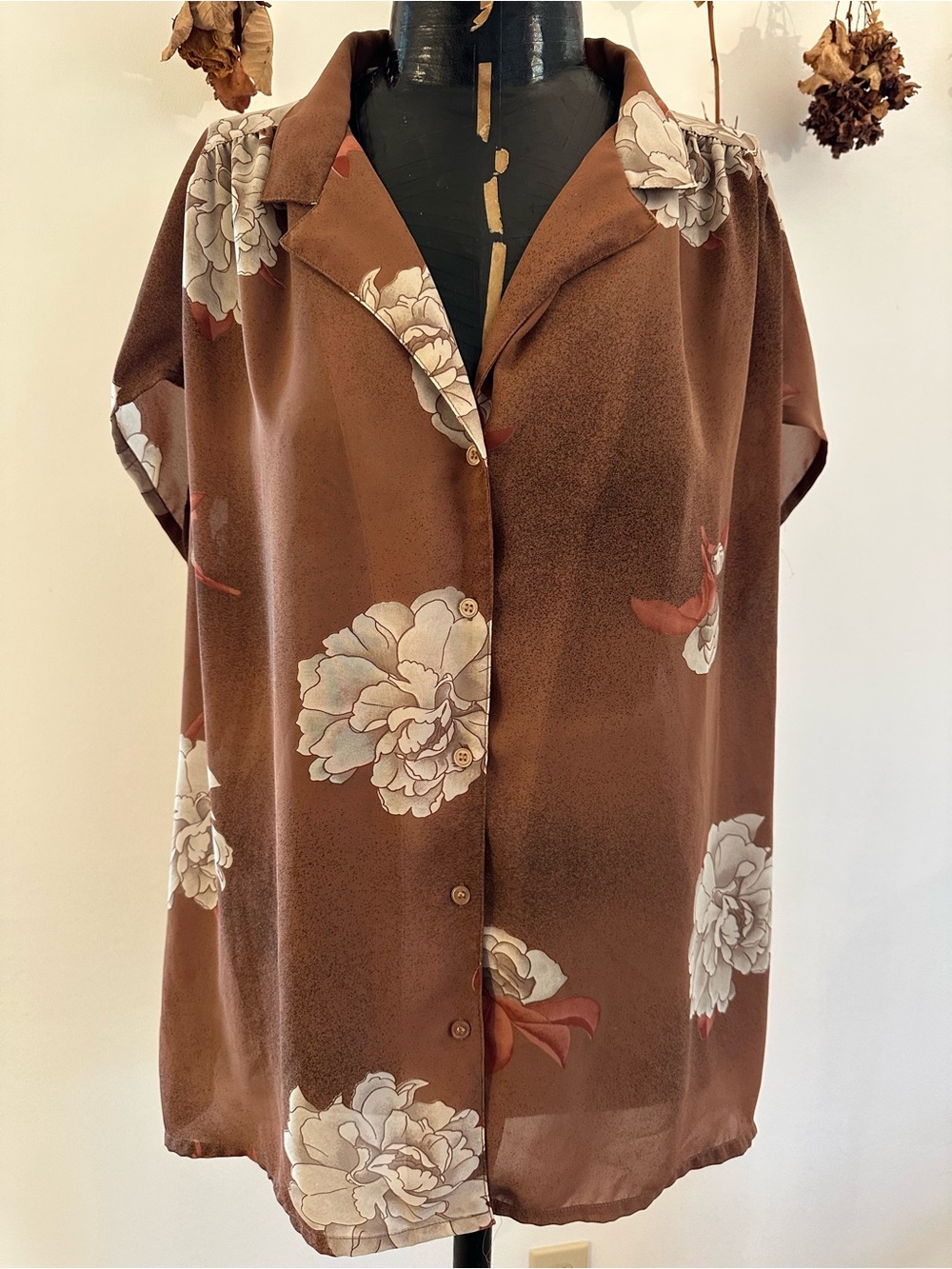 Vintage Brown Floral Button-Front Blouse